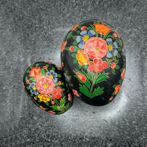 Vintage Pair Hand Painted Folk Art Egg Trinket Boxes Floral Made in India Black